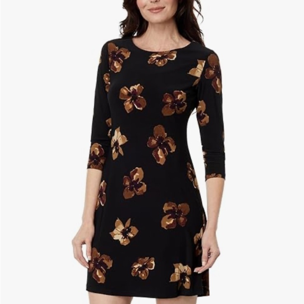 Tommy Hilfiger Black & Brown Floral 3/4 Sleeve Jersey Shift Dress Women’s Sz 16